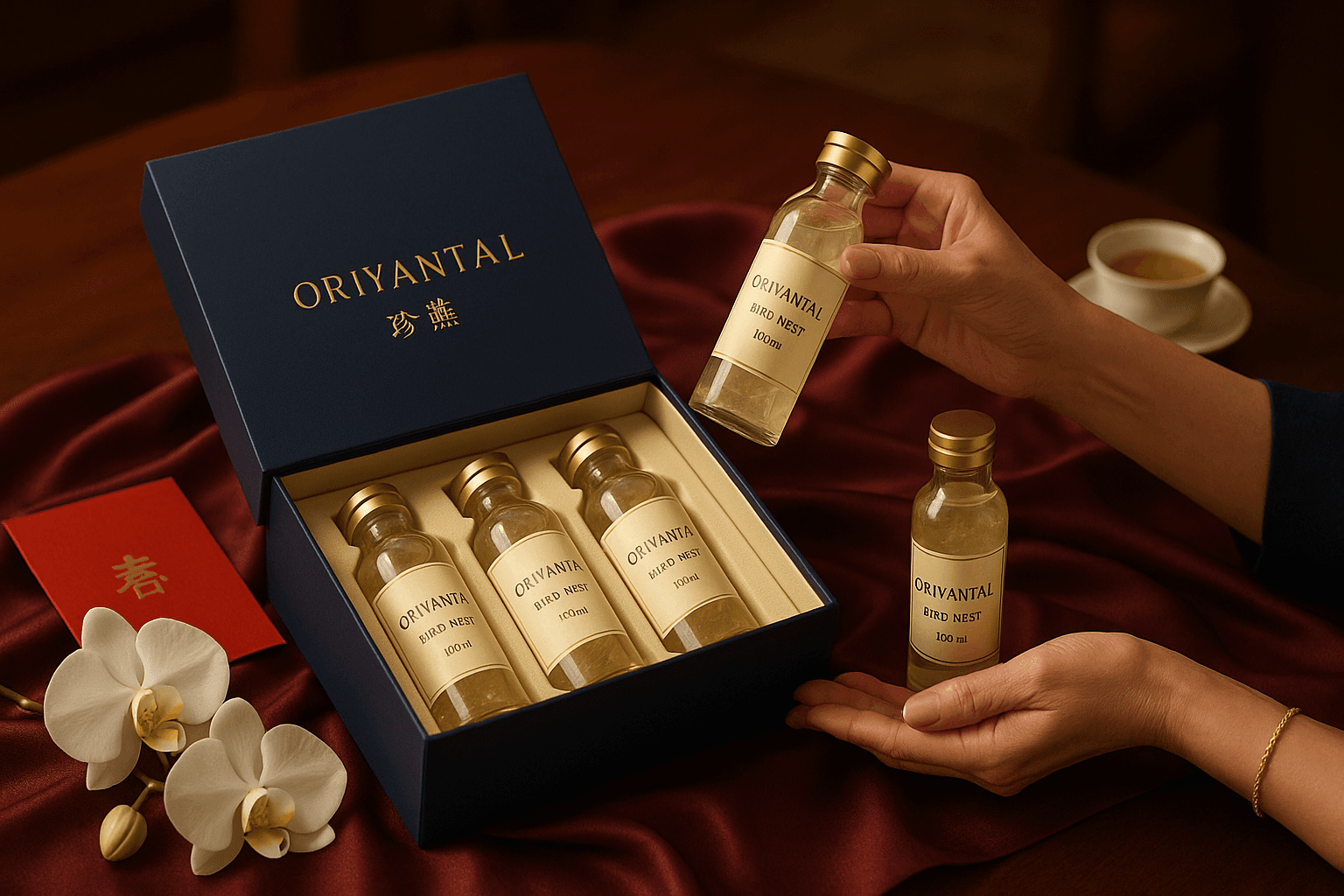 Elegant ORIYANTAL gift presentation with traditional Asian gift-giving gesture